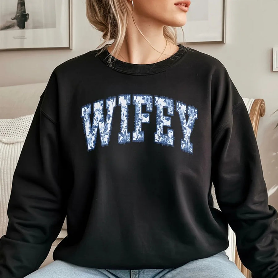 Blue Toile Wifey Sweatshirt | Vintage Floral Collegiate Lettering | Cozy Cotton Blend Pullover | Bridal Shower Gift for Bride