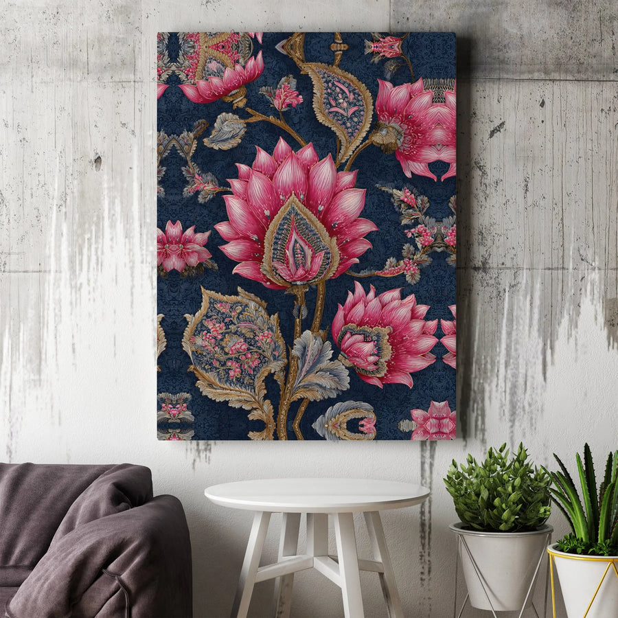 Indian Lotus Floral Canvas Print | Vintage Jacobean Paisley Art | Premium Gallery Wrapped Wall Decor | Elegant Botanical Gift for Home