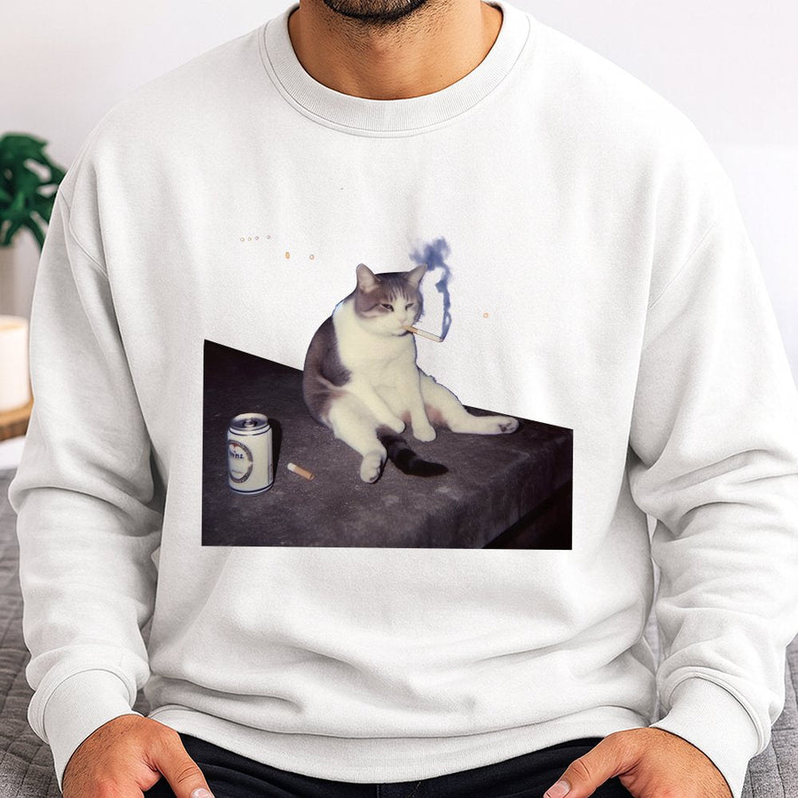 Funny Cat Smoking Sweatshirt | Retro Meme Graphic Pullover | Soft Cotton Blend | Unique Gift for Cat Lovers and Humorous Streetwear Enthusiasts