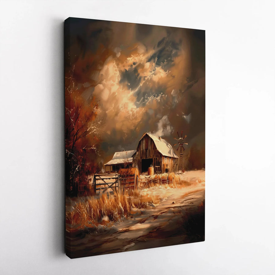 Rustic Barn Canvas Wall Art | Winter Farmhouse Landscape Painting | Premium Thick Gallery Wrap Canvas | Farmhouse Living Room Decor Gift