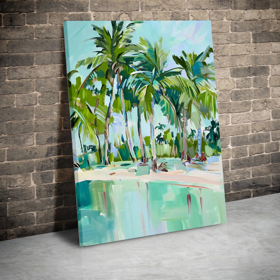 Tropical Palm Trees Vertical Canvas | Abstract Beach Scene Painting | Premium Canvas Print | Modern Coastal Home Decor Gift