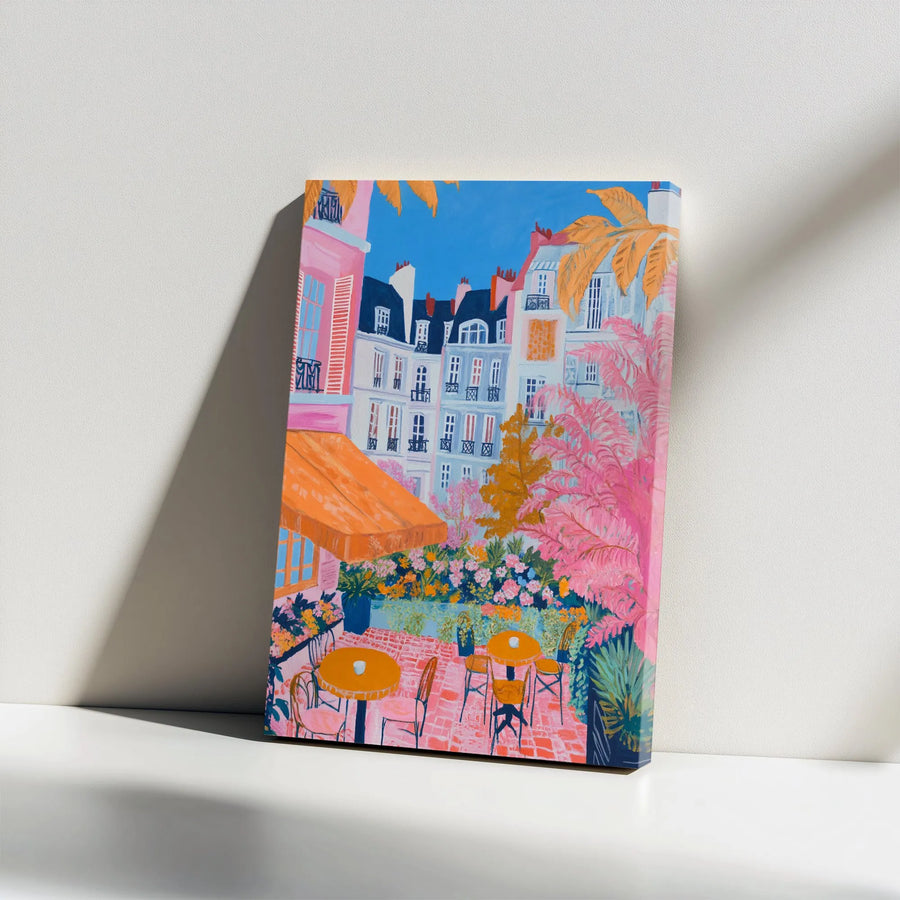 Vibrant Parisian Cafe Vertical Canvas | Colorful European Street Scene Painting | Premium Gallery Wrapped Wall Art | Modern Home Decor Gift for Traveler
