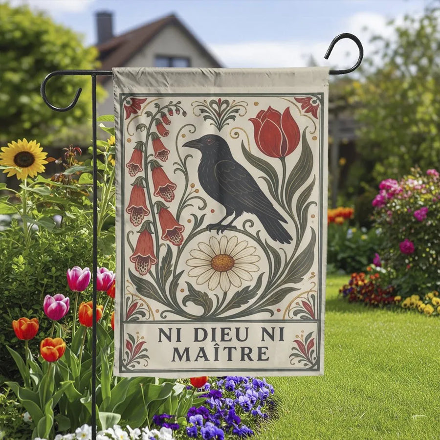 Ni Dieu Ni Maître Garden Flag | Vintage Art Nouveau Crow & Floral Art | Double Sided Premium Polyester | Anarchist Yard Decor Gift
