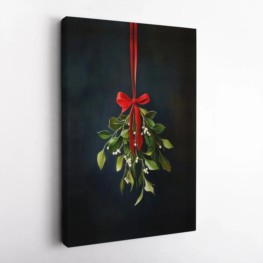 Hanging Mistletoe Canvas Wall Art | Red Ribbon Christmas Decor | Premium Fade-Resistant Print | Elegant Holiday Home Wall Hanging