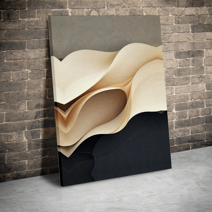 Abstract Layered Wave Canvas Wall Art | Beige and Black Minimalist Geometric Print | 1.25 Inch Gallery Wrap | Modern Home Office Decor