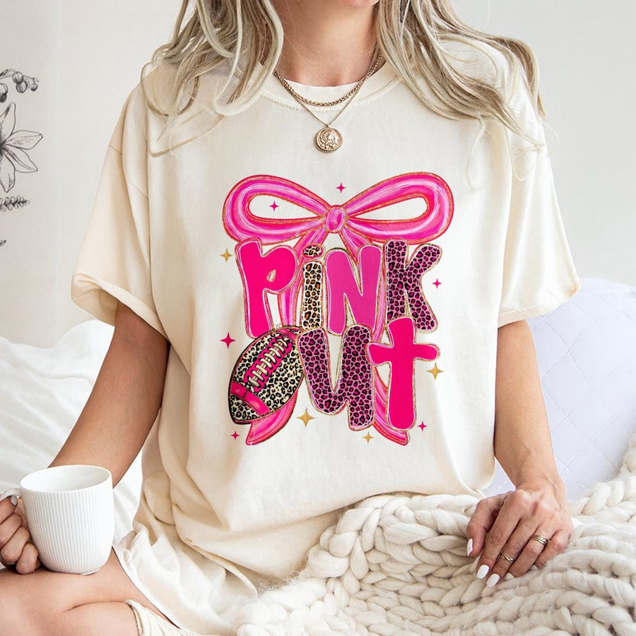 Pink Out Football T-Shirt | Leopard Bow Preppy Game Day Graphic | 100% Cotton Premium Tee | Breast Cancer Awareness Gift For Her & Mom