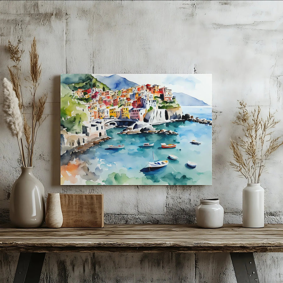 Cinque Terre Canvas Print | Watercolor Italian Coastal Village Art | 1.25 Inch Gallery Wrap | Mediterranean Home Decor Gift
