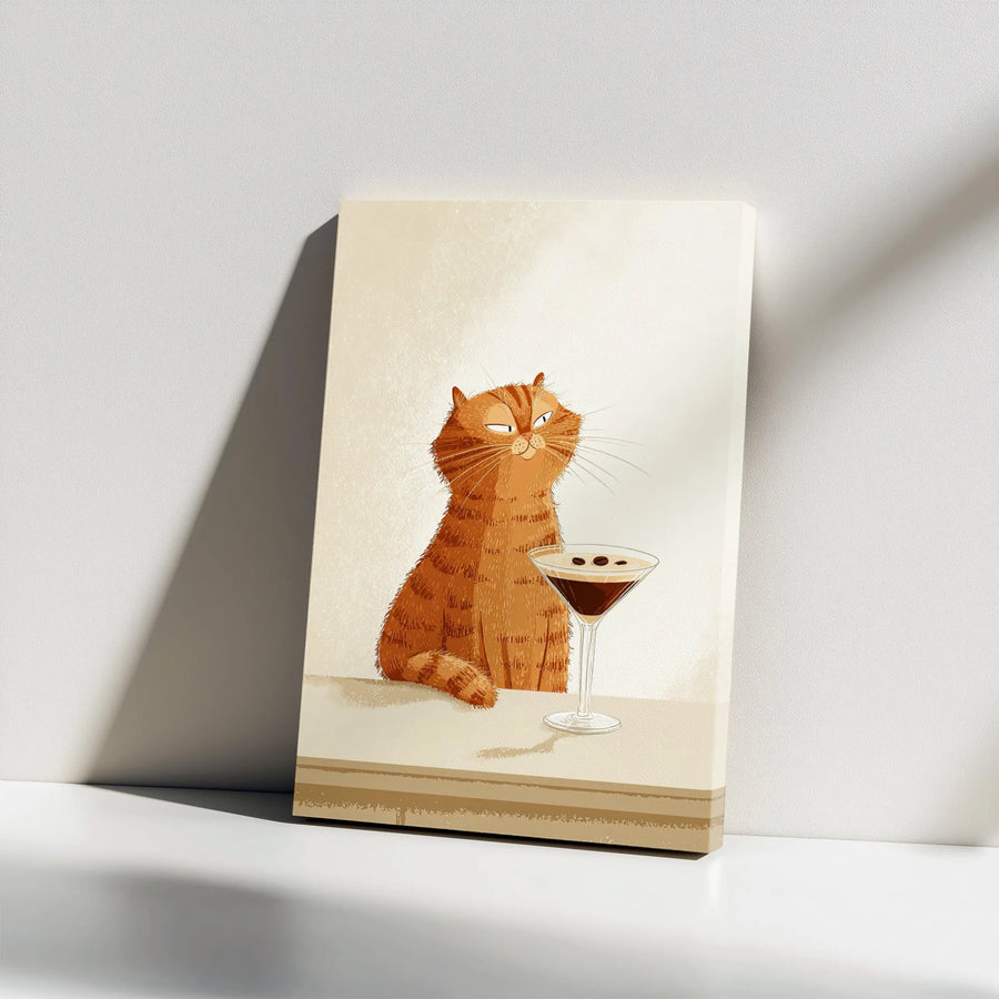Smug Orange Cat Wall Art | Espresso Martini Illustration | Premium Gallery Wrap Canvas | Funny Kitchen Bar Decor Gift for Cat Lovers