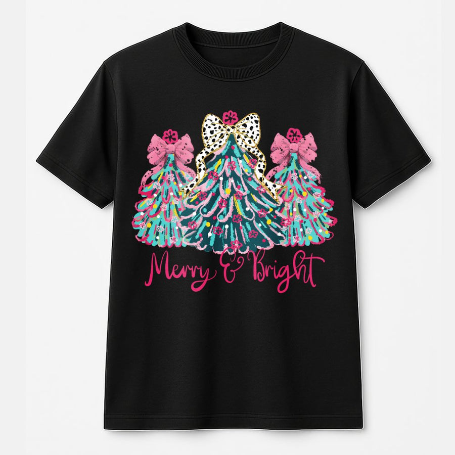 Merry and Bright T-Shirt | Coquette Christmas Tree with Pink Bows | 100% Cotton Premium Tee | Preppy Holiday Gift for Women