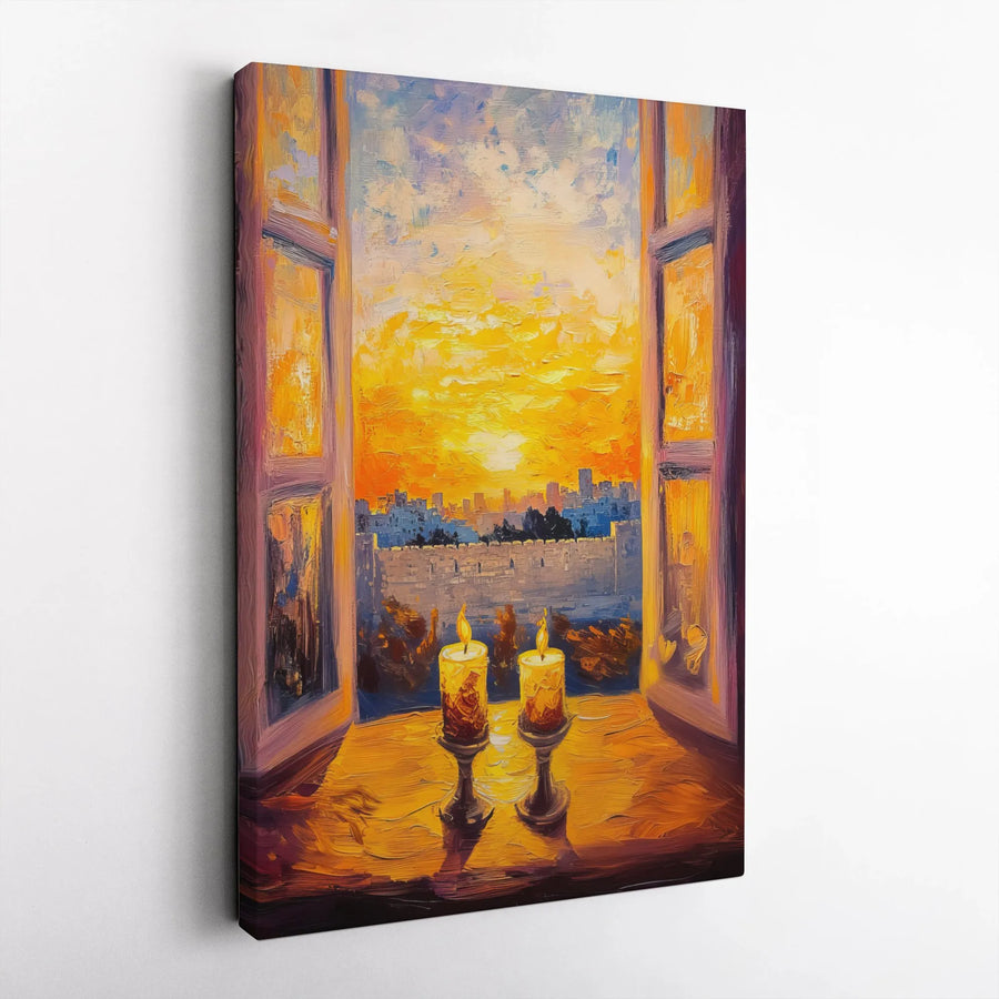 Shabbat Candles Wall Art | Jerusalem Western Wall Sunset View | Premium Gallery Wrap Canvas | Jewish Home Decor and Religious Gift