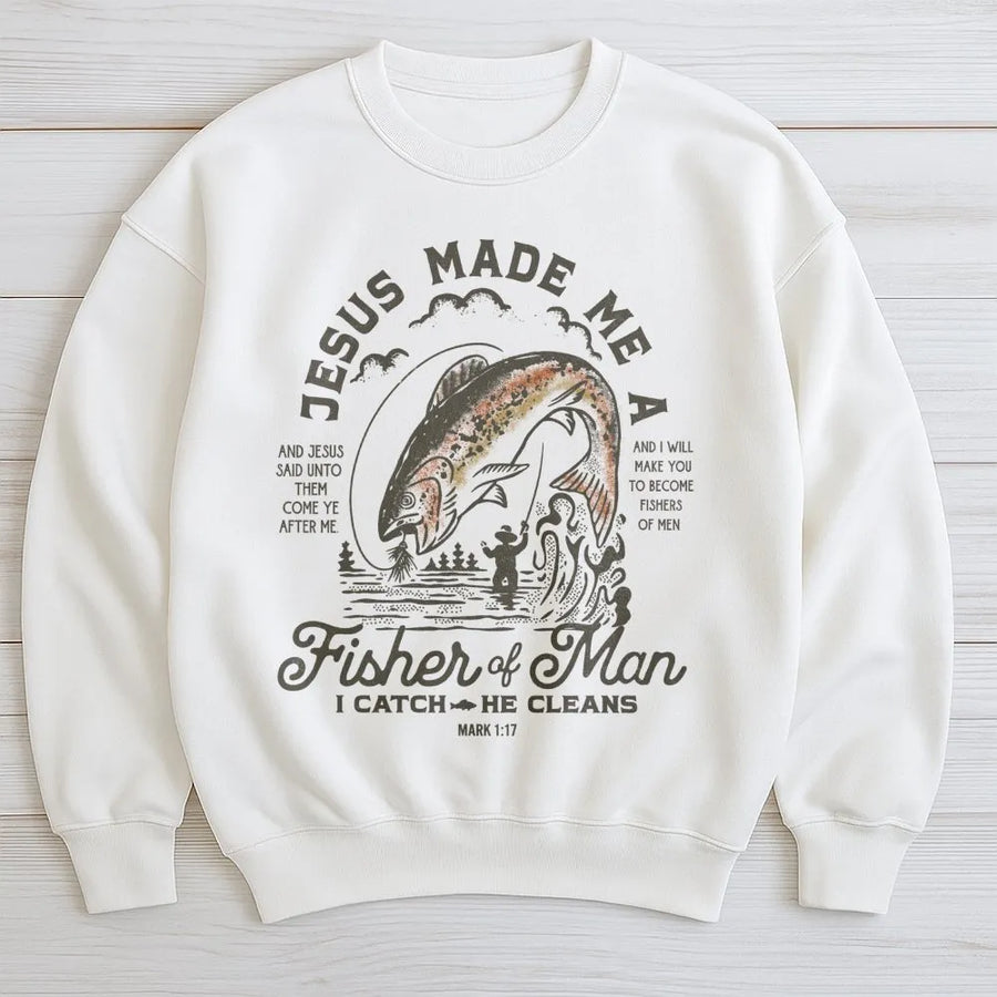 Fisher of Men Sweatshirt | Jesus Fishing Graphic Bible Verse Mark 1:17 | Soft Cotton Blend | Religious Gift for Fisherman Christian Men Women