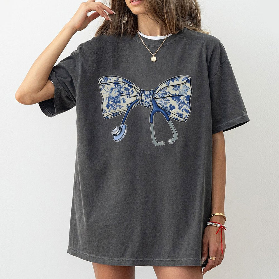 Nurse Stethoscope Bow T-Shirt | Floral Chinoiserie Aesthetic Print | Premium 100% Cotton Tee | Perfect Nursing Student Graduation Gift