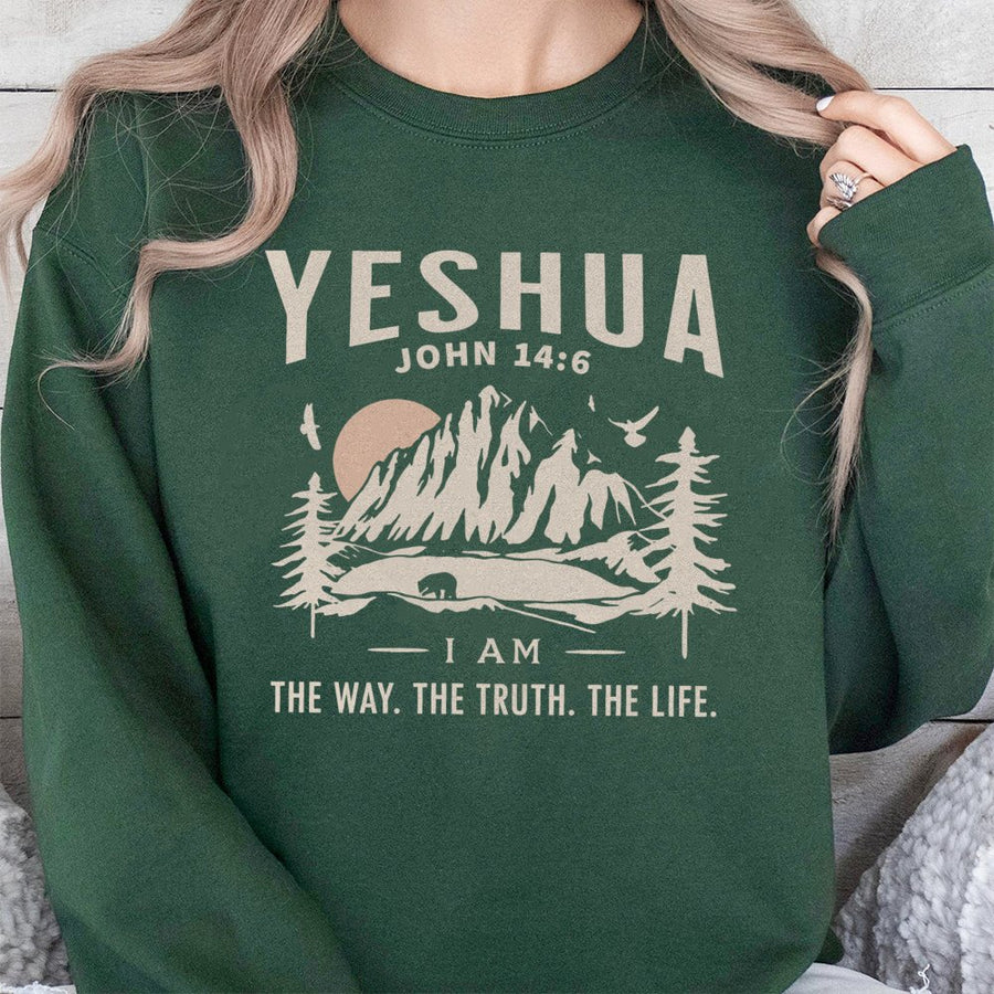 Yeshua John 14:6 Sweatshirt | Minimalist Mountain Nature Graphic | Premium Cotton Blend | Christian Gift for Men and Women Faith Apparel