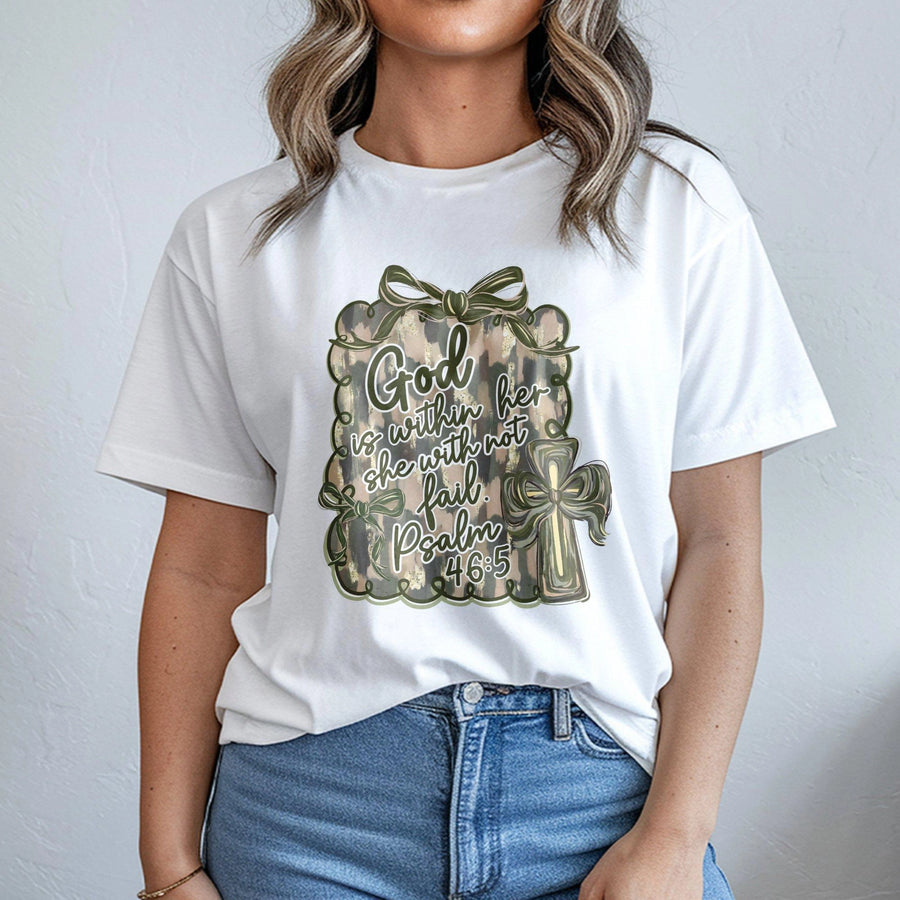 God Is Within Her She Will Not Fail T-Shirt | Camo Coquette Bow Cross Design | Premium 100% Cotton | Christian Faith Gift for Women