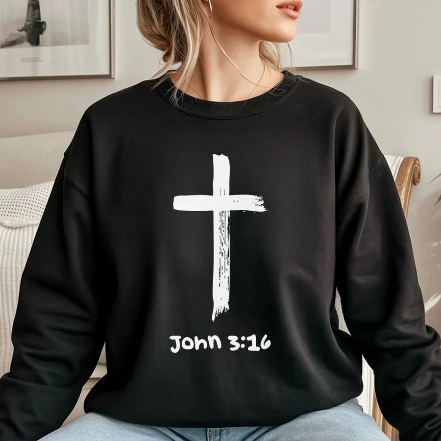 Christian Sweatshirt John 3:16 | Distressed Cross Graphic Print | Premium Soft Cotton Blend | Faith Based Gift for Men and Women