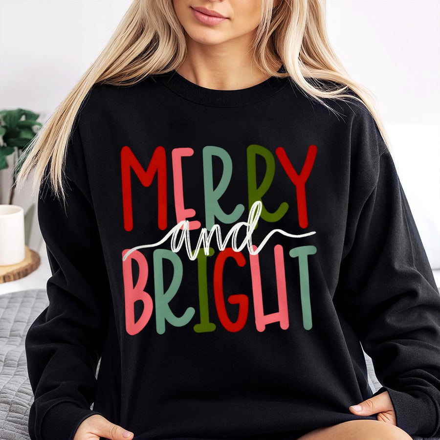 Merry and Bright Sweatshirt | Retro Christmas Lettering Graphic | Soft Cotton-Poly Blend | Festive Holiday Gift for Women and Family