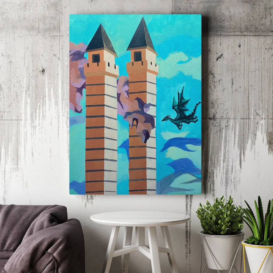 Fantasy Dragon Canvas Print | Mythical Castle Towers Wall Art | Premium Gallery Wrap Canvas | Gift for Fantasy Lover and Gamer Room Decor