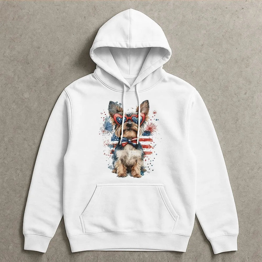 Patriotic Yorkie Hoodie | Watercolor American Flag Graphic | Premium Cotton Blend | 4th of July Gift for Dog Lover