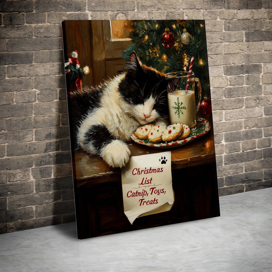 Christmas Cat Sleeping Canvas Art | Whimsical Holiday Painting Print | 1.25-Inch Premium Gallery Wrap | Festive Gift for Cat Lovers