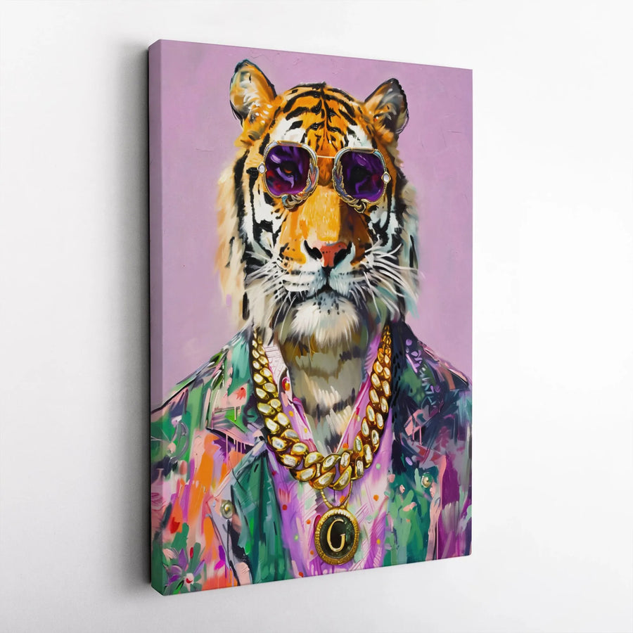 Cool Tiger Wall Art | Hip Hop Style Animal Portrait with Gold Chain | Premium Fade-Resistant Canvas | Bold Modern Home Decor for Living Room