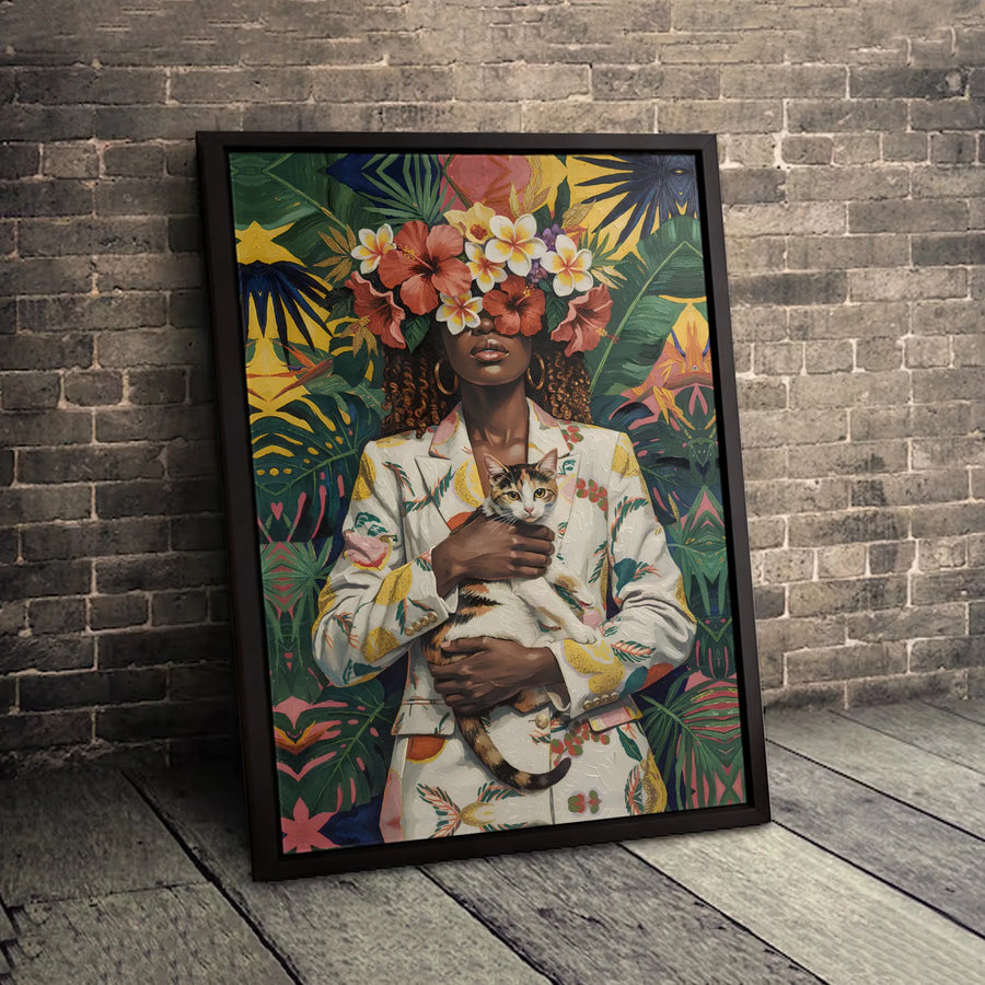 Black Woman Art Print with Calico Cat | Tropical Floral Crown Portrait | Premium Gallery Canvas | Vibrant Home Decor Wall Art Gift