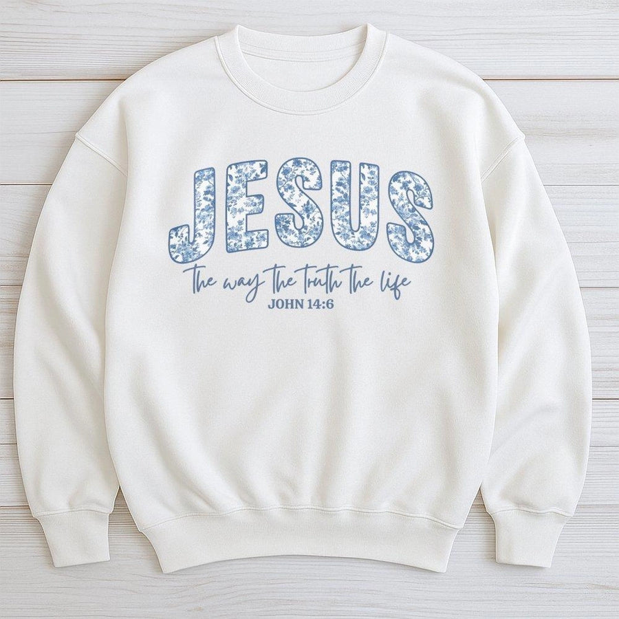 Jesus The Way The Truth The Life Sweatshirt | Blue Floral Aesthetic Bible Verse Design | Premium Cotton Blend | Faith-Based Religious Gift