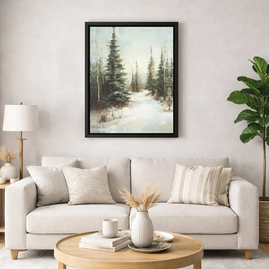 Winter Forest Canvas Art | Snowy Pine Tree Landscape Path | Premium Gallery-Wrapped Print | Serene Nature Home Decor Wall Gift