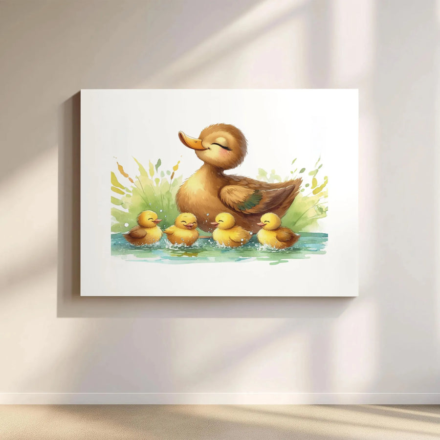 Duck Family Canvas Wall Art | Watercolor Mama Duck and Ducklings Print | Premium Gallery Quality Canvas | Nursery Decor Gift for Kids Room