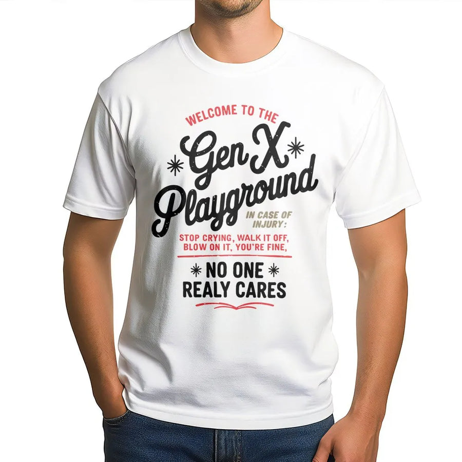 Gen X Playground T-Shirt | Funny 80s Childhood Nostalgia Quote | Soft Cotton Unisex Tee | Retro Generation X Birthday Gift for Men and Women