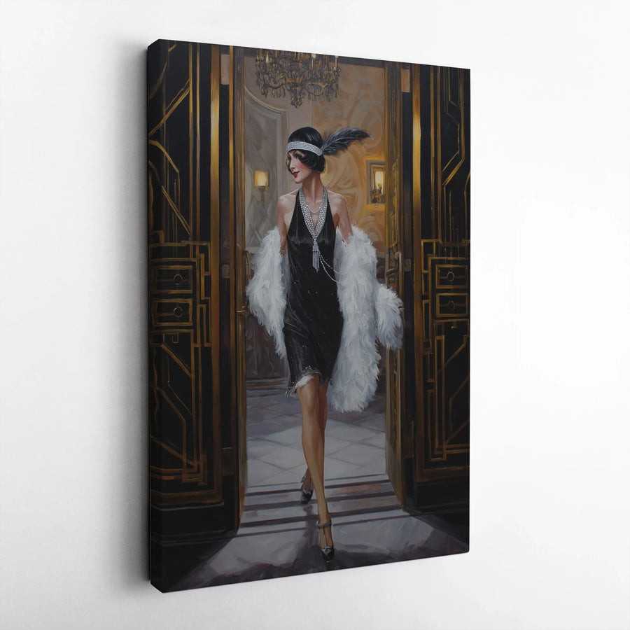 Art Deco Flapper Canvas Wall Art | Vintage 1920s Glamour Portrait | Premium Fade-Resistant Print | Great Gatsby Style Home Decor Gift