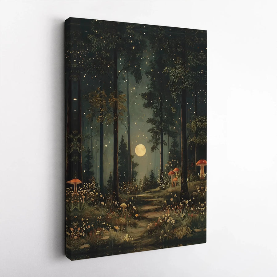 Enchanted Forest Canvas Wall Art | Moonlit Woodland with Fireflies & Mushrooms | Premium Frameless Canvas | Whimsical Nursery Decor Gift