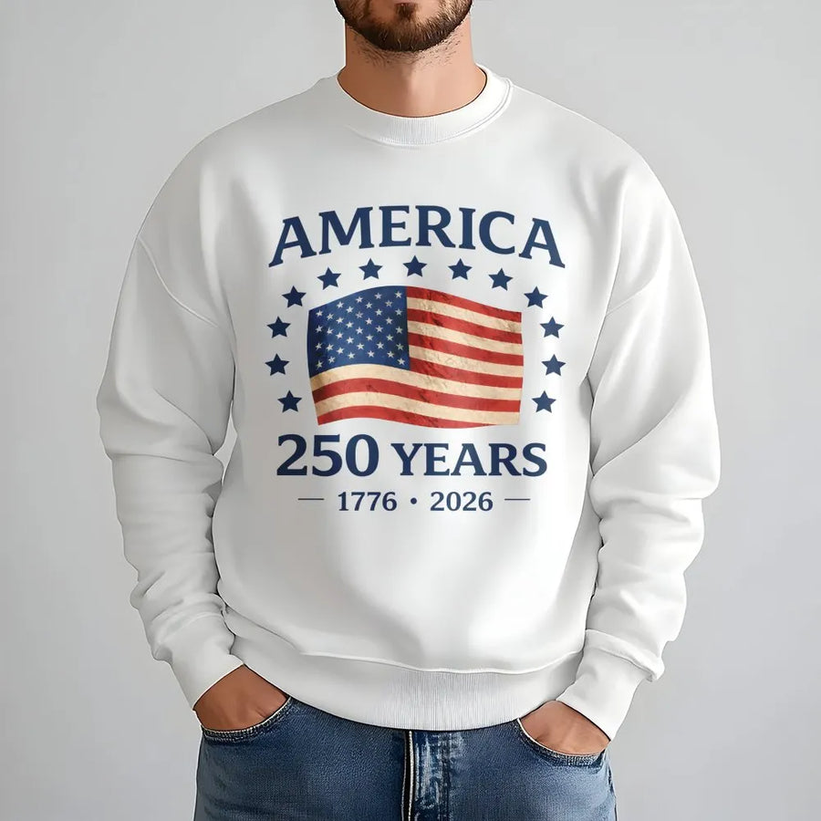 America 250 Years Sweatshirt | Vintage USA Flag 1776-2026 Graphic | Soft Cotton Patriotic Tee | USA Anniversary Commemorative Gift