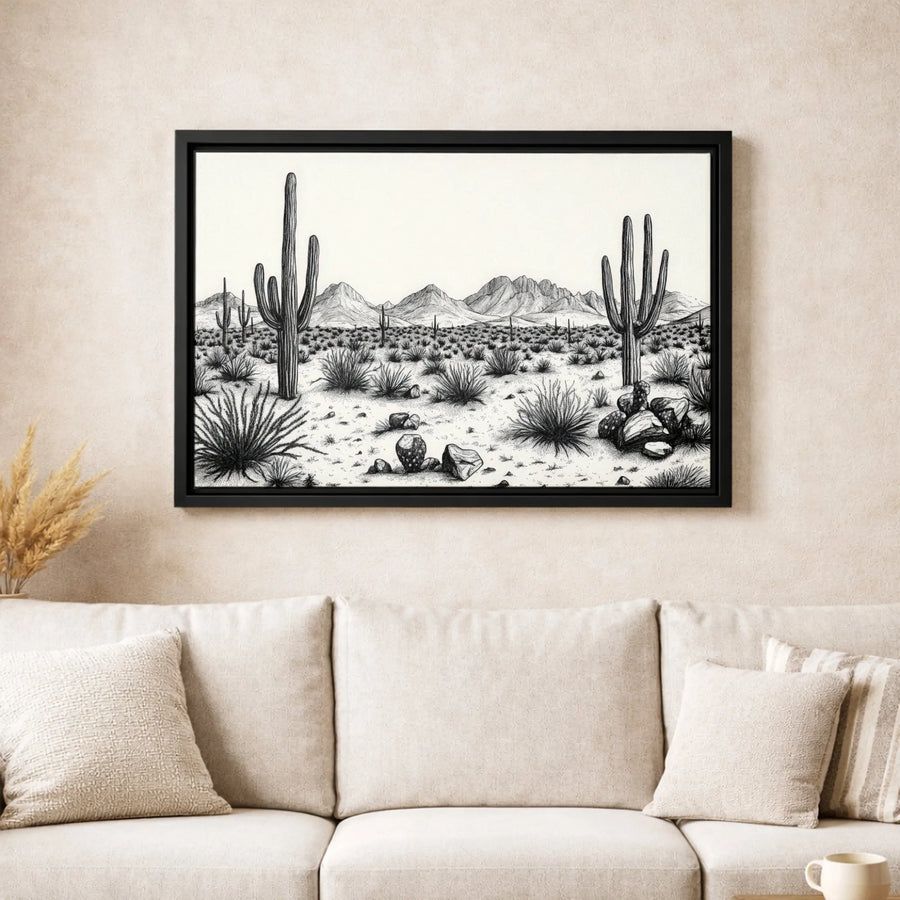 Saguaro Cactus Desert Wall Art | Black and White Landscape Sketch | Premium Gallery Canvas | Southwest Minimalist Home Decor Gift