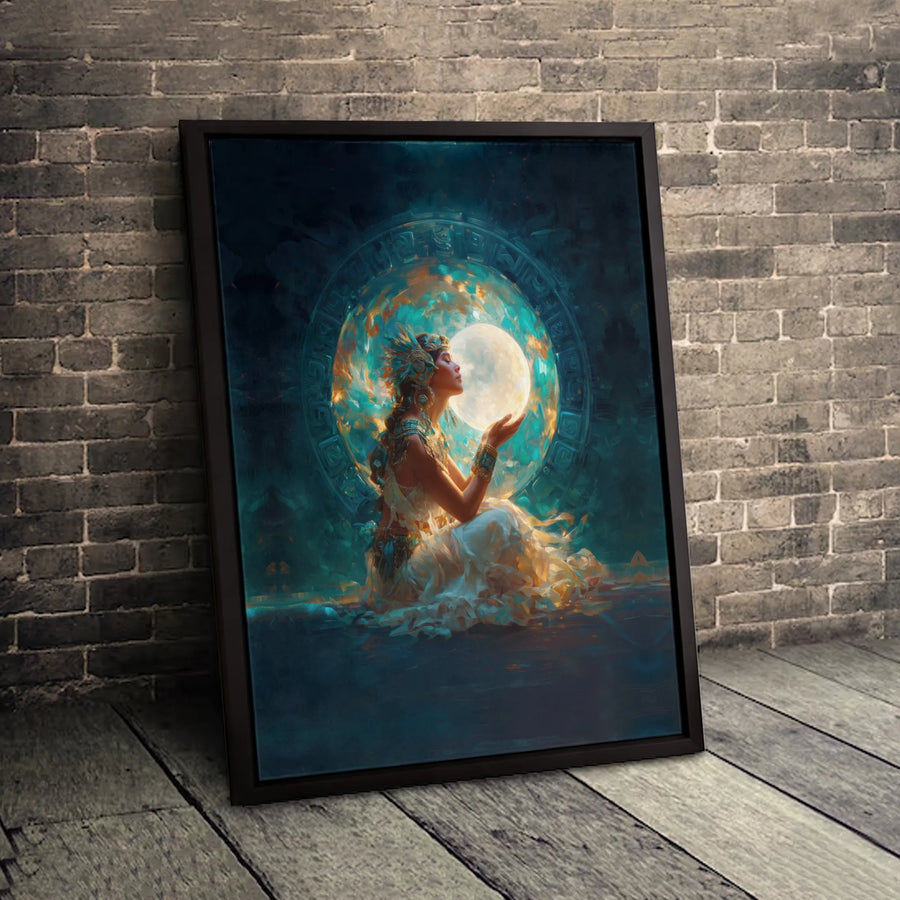 Aztec Moon Goddess Canvas Wall Art | Celestial Mayan Deity Print | 1.25-Inch Gallery Wrap | Mystical Home Decor for Spiritual Spaces