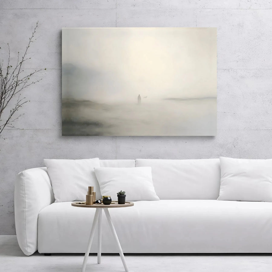 Foggy Landscape Canvas Art | Ethereal Solitary Figure with Dog Wall Decor | Gallery Wrapped Premium Canvas | Minimalist Calming Home Office Gift