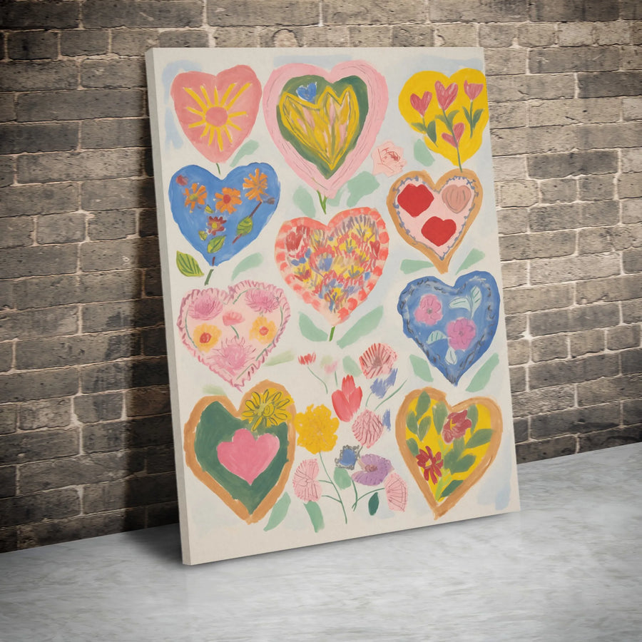 Watercolor Hearts Canvas Print | Colorful Hand-Painted Floral Illustration | Premium Gallery Wrap Canvas | Nursery Wall Decor Gift