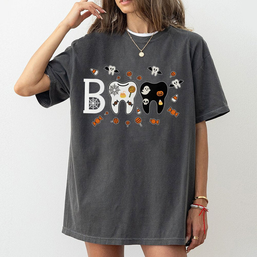 Boo Tooth Halloween T-Shirt | Funny Dental Hygienist Graphic Tee | Premium 100% Cotton | Spooky Dentist Gift for Dental Assistant