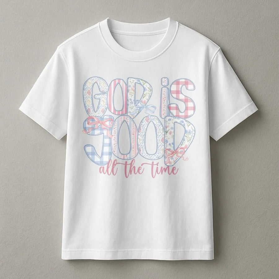 Faith Based T-Shirt | God Is Good Pastel Gingham & Floral Graphic | Soft Cotton Tee | Inspirational Christian Gift for Women