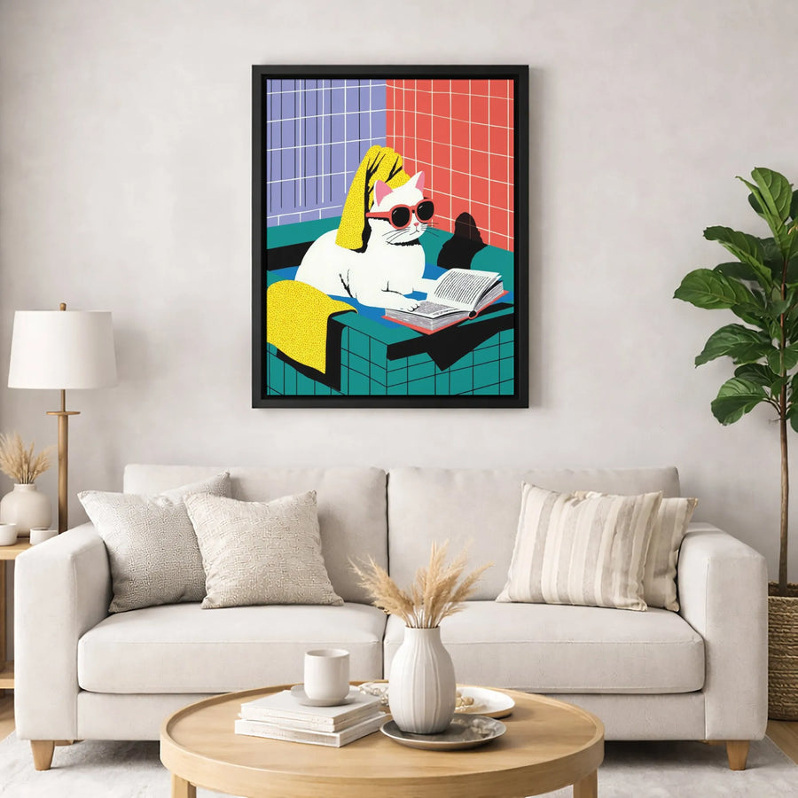 Cat Reading Book Wall Art | Pop Art Style Bathroom Decor | 1.25 Inch Premium Canvas | Unique Gift For Cat Lovers And Readers