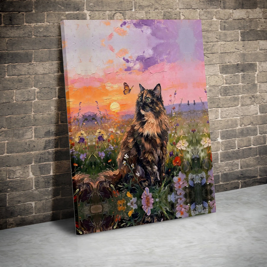 Tortoiseshell Cat Canvas Print | Impressionist Wildflower Meadow Art | Thick Gallery Wrap Canvas | Premium Gift for Cat Lover