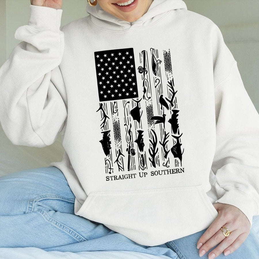 American Flag Fishing Hoodie | Outdoorsman Patriotic Wildlife Graphic | Premium Cotton Blend | Gift for Fisherman & Southern Pride Fans