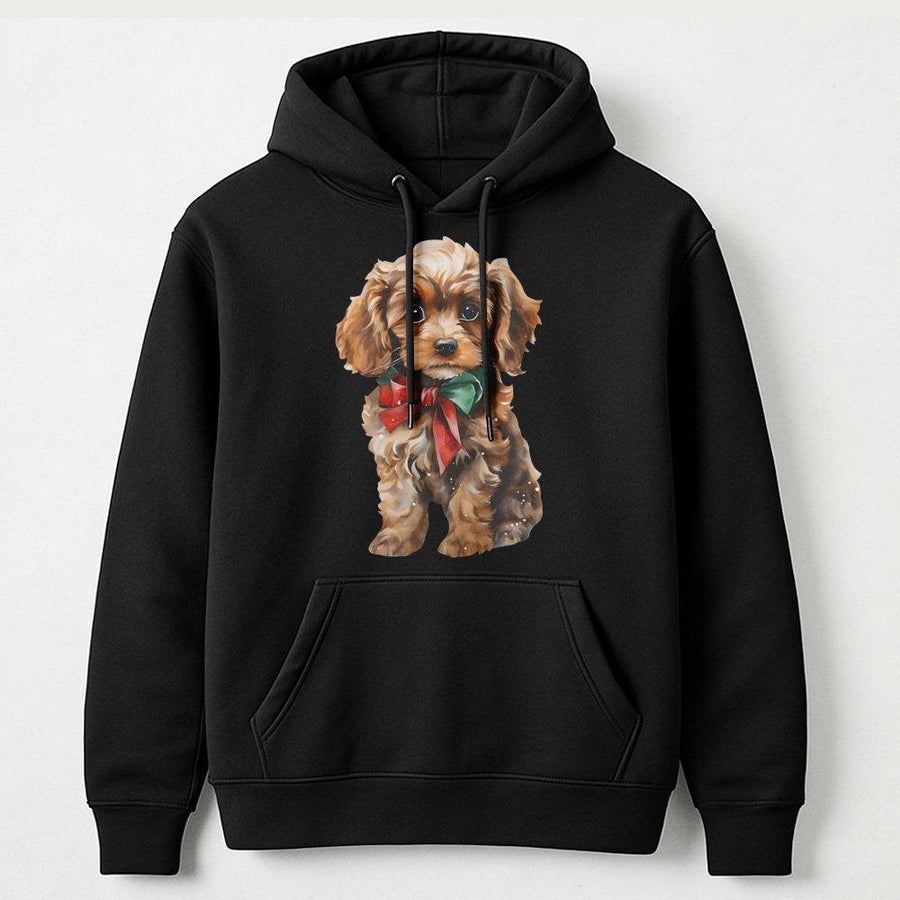 Cavapoo Christmas Hoodie | Cute Puppy With Red Bow Design | Premium Cotton Blend | Cozy Holiday Gift For Dog Lovers