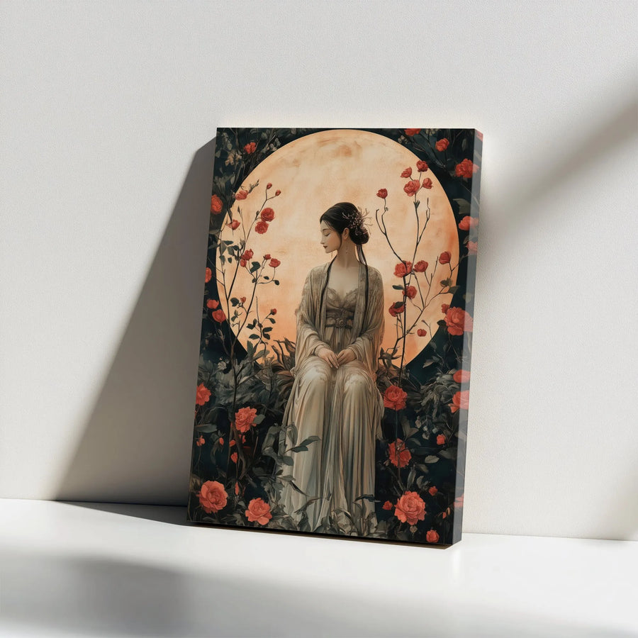 Ethereal Moonlit Maiden Canvas | Red Rose Botanical Wall Art | Premium Gallery Wrap Print | Whimsical Oriental Home Decor Gift