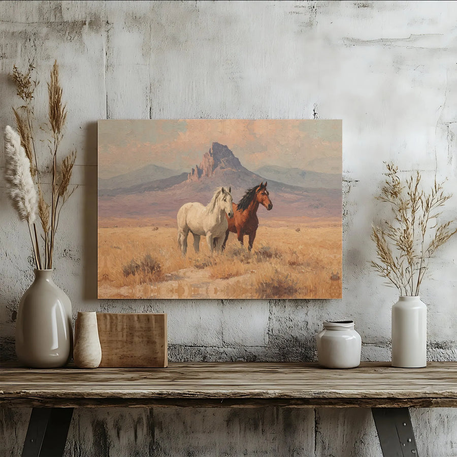 Western Horse Landscape Canvas Wall Art | Mountain Butte Desert Scene | Gallery Quality Print | Premium Ranch Decor Gift for Home Office
