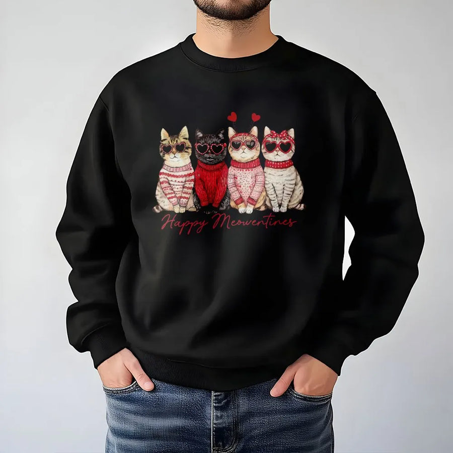 Valentine Cat Sweatshirt | Happy Meowentines Graphic Print | Premium Cotton Blend Crewneck | Cute Valentines Gift for Cat Lovers