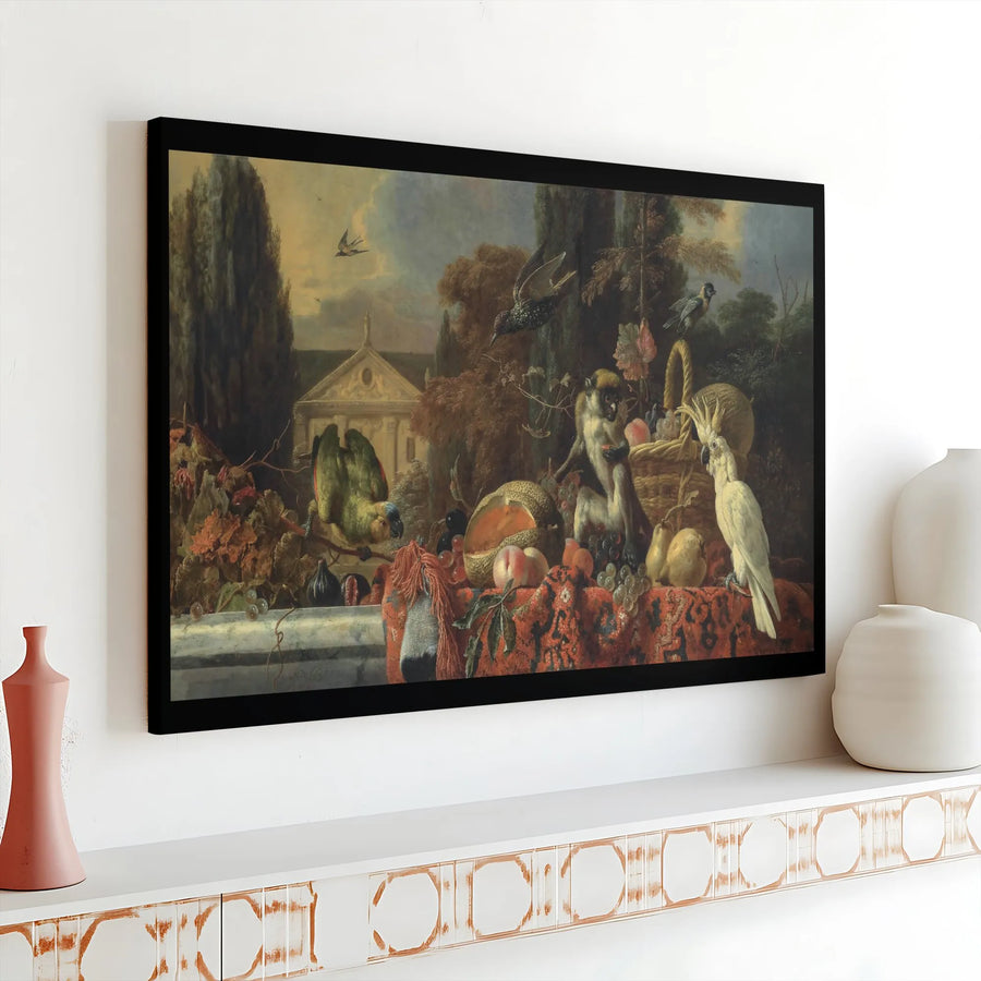 Vintage Monkey Still Life Canvas Art | Dark Academia Animal & Fruit Painting | Premium Gallery Wrapped Canvas | Collector's Classic Art Reproduction