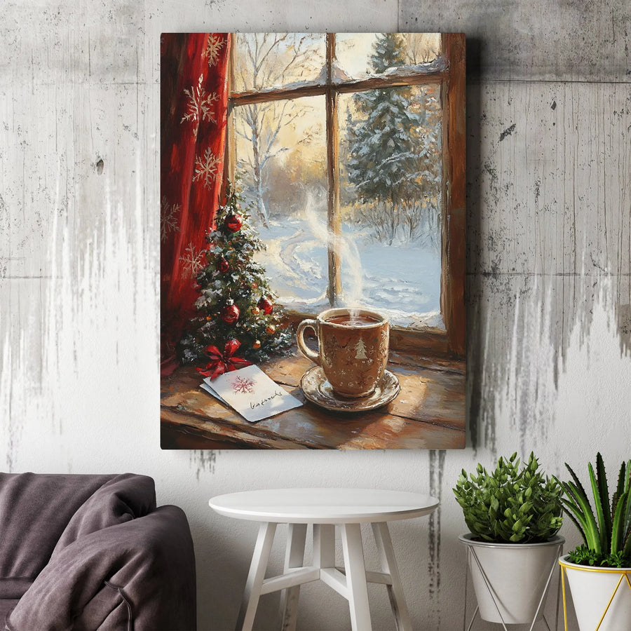 Cozy Christmas Canvas Wall Art | Snowy Window View With Coffee Mug and Holiday Tree | Premium 1.25 inch Gallery Wrap | Festive Seasonal Decor Gift