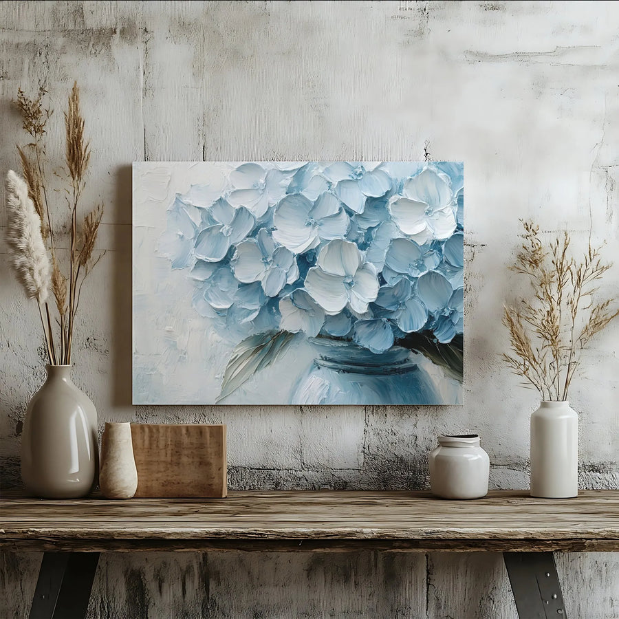 Blue Hydrangea Canvas Print | Textured Impasto Floral Oil Painting Style | Premium Fade-Resistant Gallery Wrap | Elegant Home Decor Wall Art