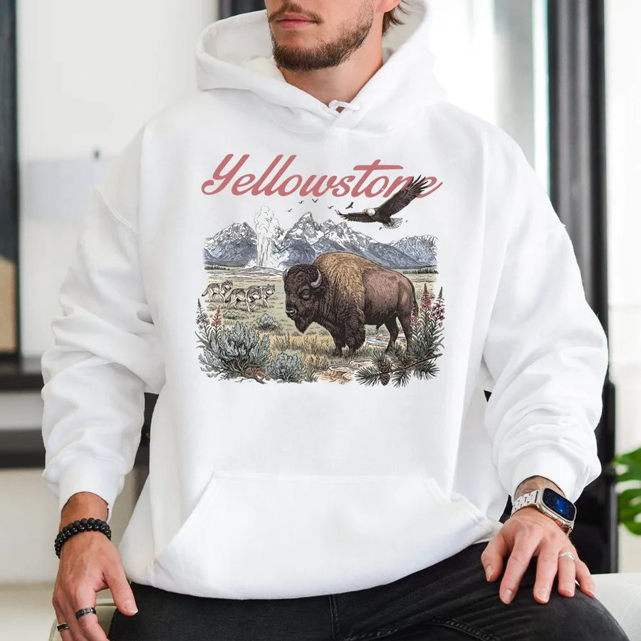 Yellowstone National Park Hoodie | Vintage Bison & Eagle Wildlife Graphic | Premium Cotton Tee | National Park Souvenir Gift for Hikers