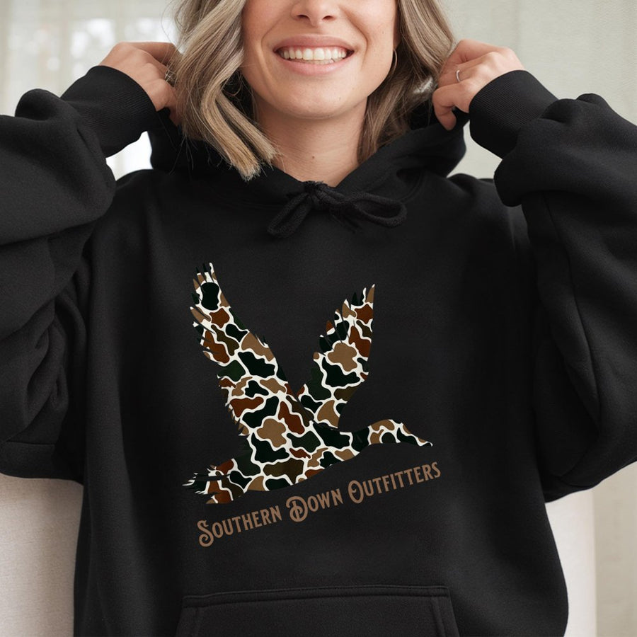Camo Duck Hoodie | Southern Hunting Wildlife Graphic | Premium Cotton Blend | Gift For Outdoors Enthusiast & Hunter